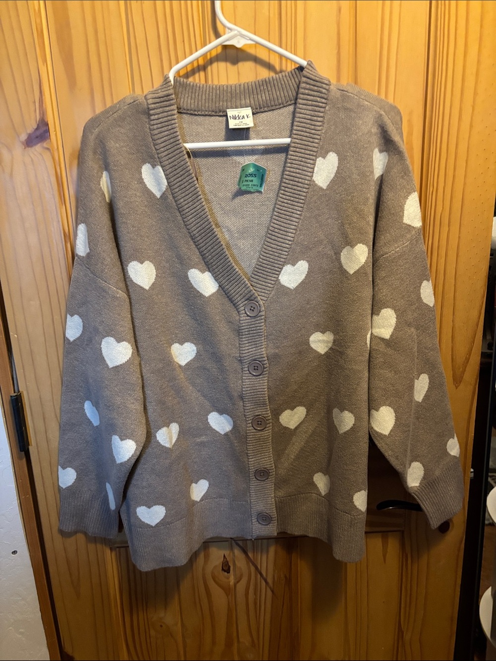 Heart Pattern Taupe Button-Up Cardigan Sweater